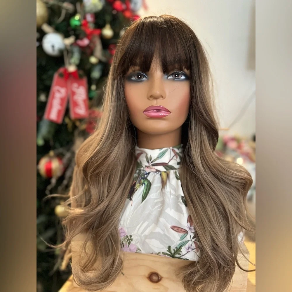 Classic Cap Wig with Bangs – Long Wavy Brown Blend, Natural Volume, Heat-Safe